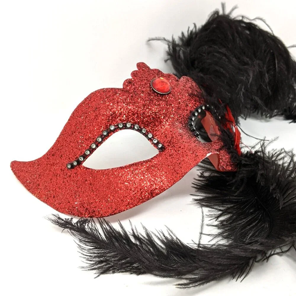 Venezia Italy Venetian Masquerade Mask Red She Devil glitter black feathers - Picture 3 of 7